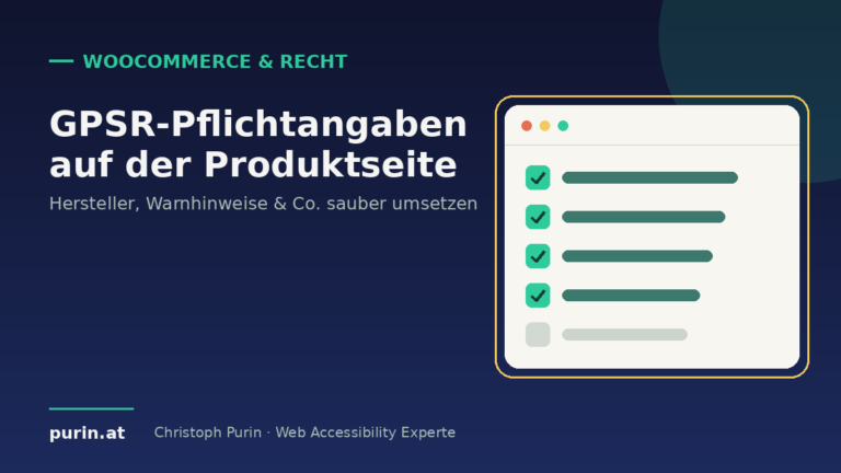 Illustration: Checkliste – GPSR-Pflichtangaben auf der WooCommerce-Produktseite