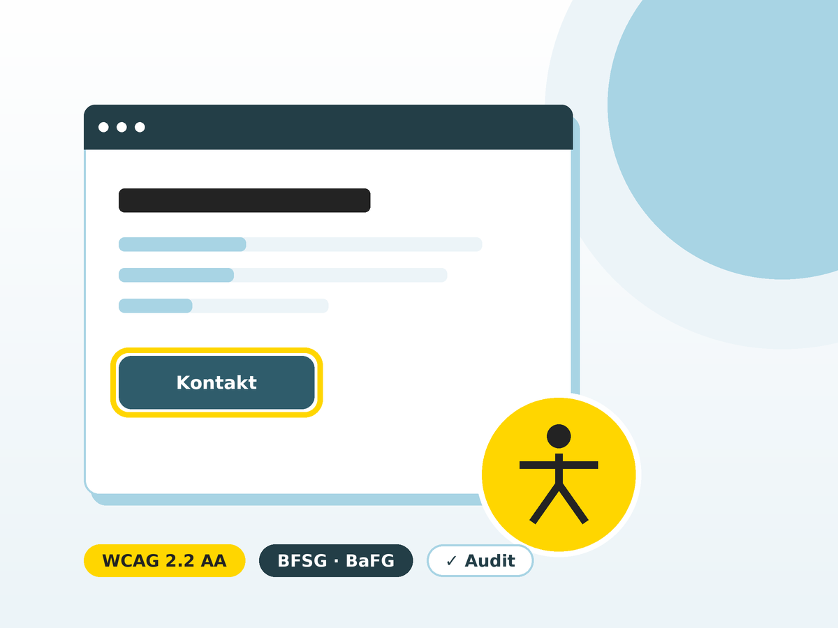 Illustration: Browserfenster mit Fokus-Ring um einen Button, Barrierefreiheits-Symbol und Chips WCAG 2.2 AA, BFSG · BaFG und Audit