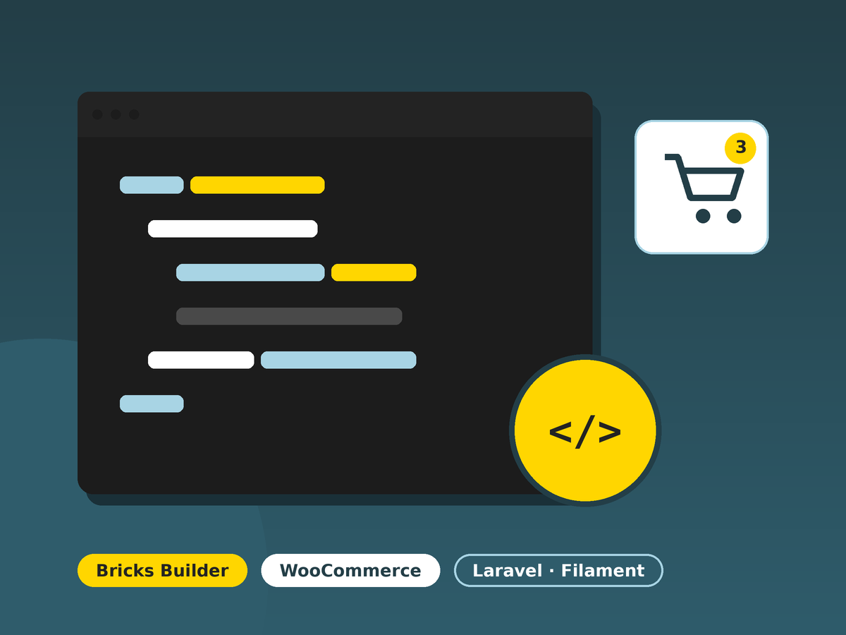 Illustration: Code-Editor mit farbigen Codezeilen, Warenkorb-Symbol und Chips Bricks Builder, WooCommerce und Laravel · Filament